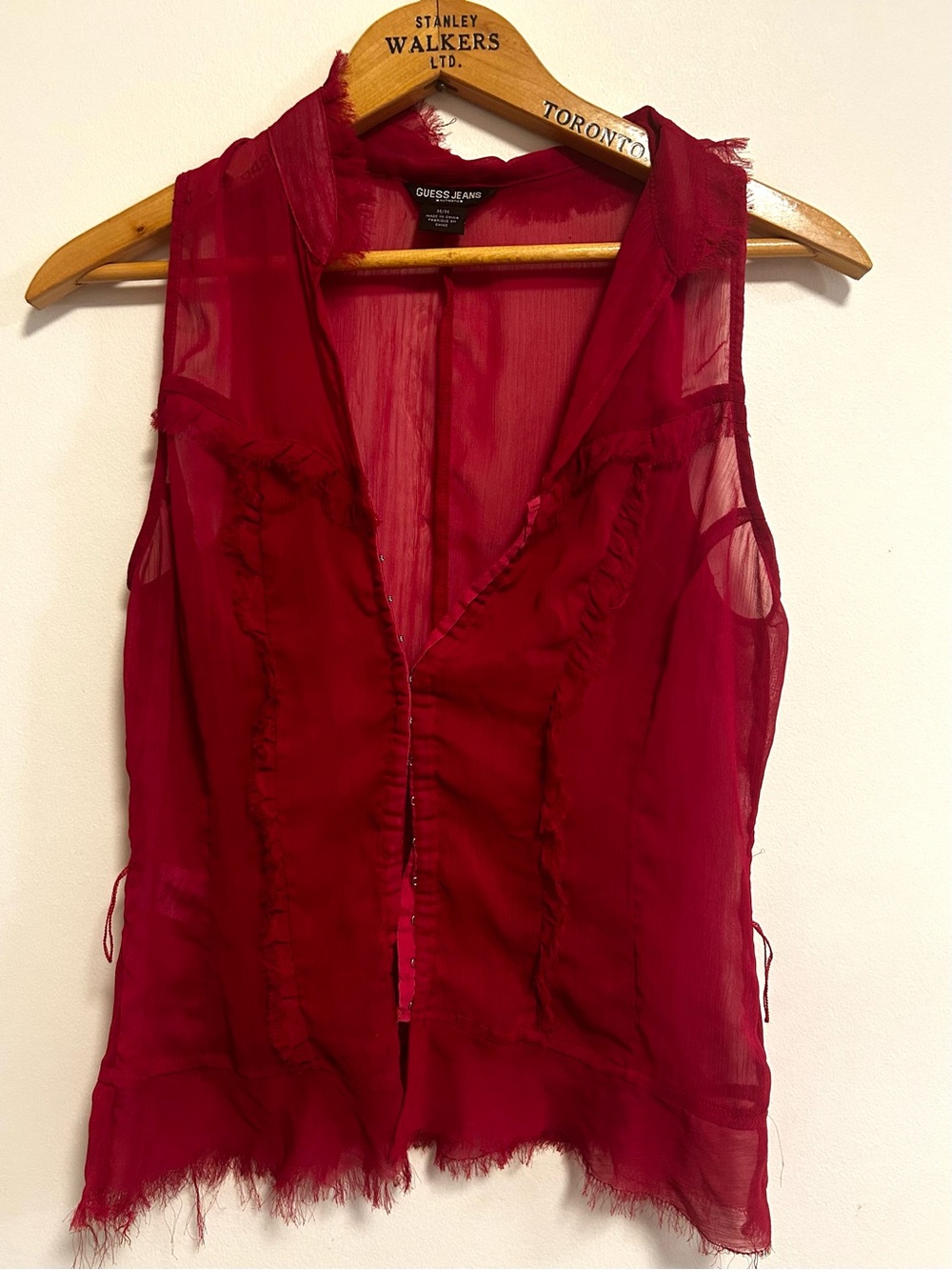 GUESS Vintage Red Sleeveless Ruffle Sheer Top